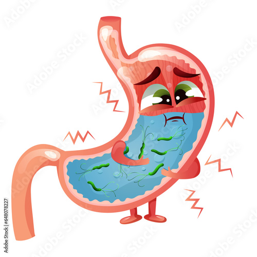 Sad cartoon stomach character with face and helicobacter pylori bacteria inside