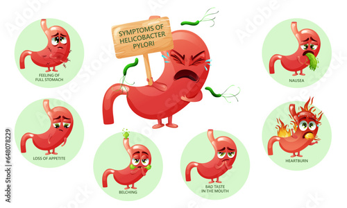 Helicobacter pylori infection symptoms cartoon stomach characters infographic
