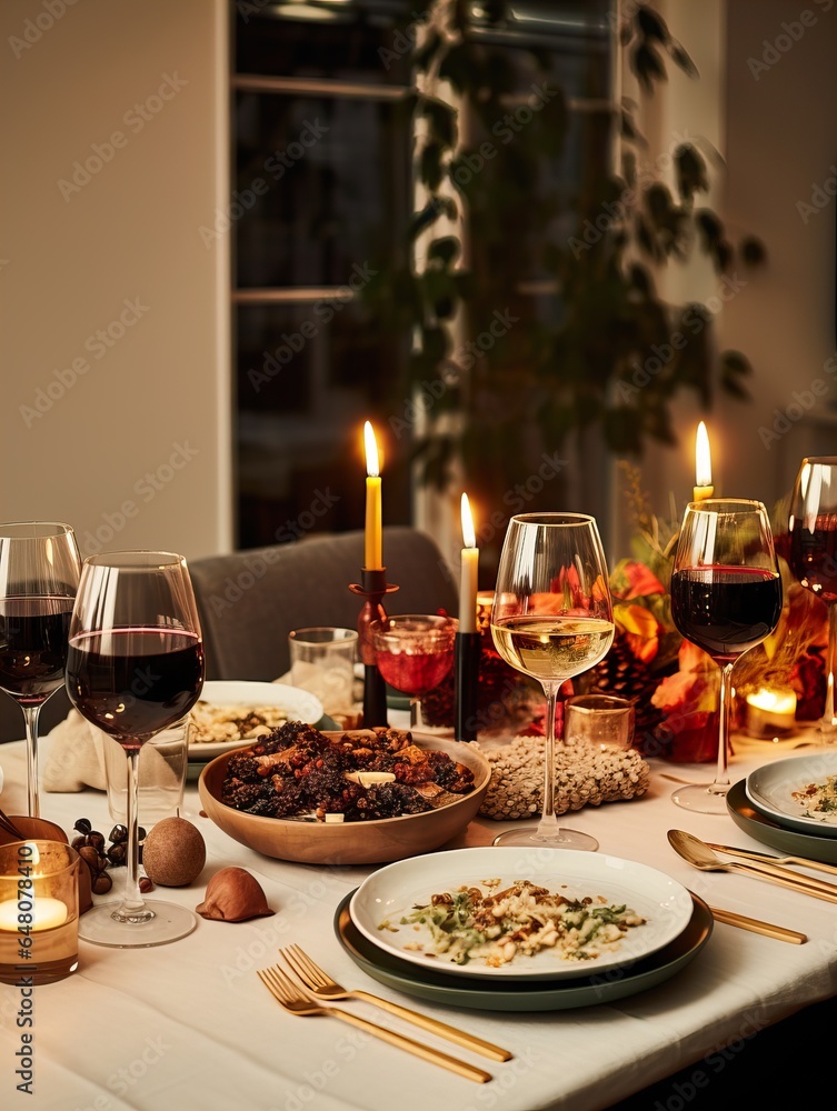 Autumn table decor, brown and beige fall home interior decoration, afternoon light