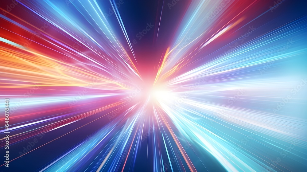 High-speed blur zoom effect, abstract neon color motion design background. High-speed technology concept lights banner. Sci-fi illustration with neon lights. Generative AI. High-speed blur zoom effect, abstract neon color motion design background. High-speed technology concept lights banner. Sci-fi illustration with neon lights. Generative AI.