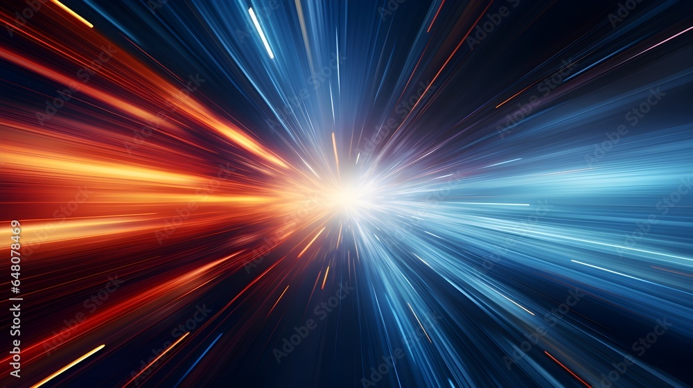 High-speed blur zoom effect, abstract neon color motion design background. High-speed technology concept lights banner. Sci-fi illustration with neon lights. Generative AI.