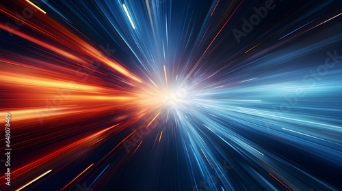 High-speed blur zoom effect, abstract neon color motion design background. High-speed technology concept lights banner. Sci-fi illustration with neon lights. Generative AI.