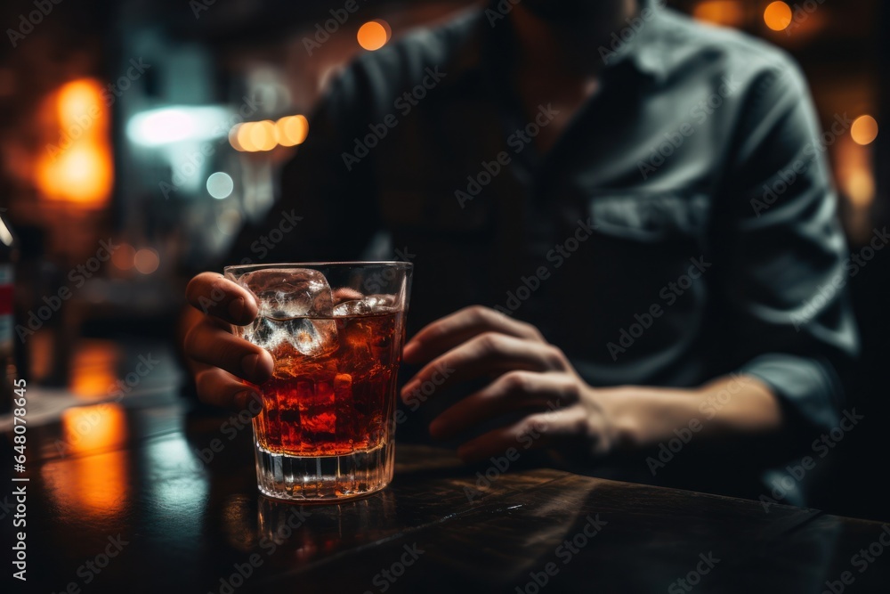 Man Sitting at Bar with Glass of Alcohol