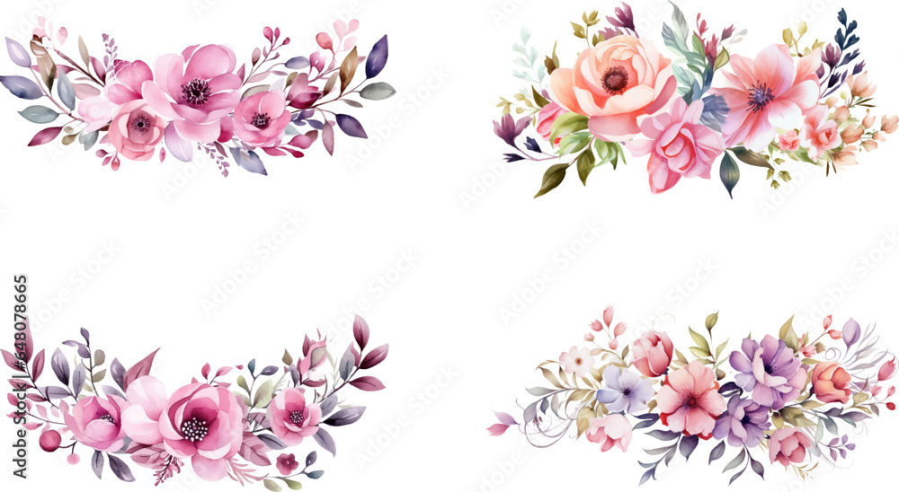 Set of beautiful watercolor flower bouquets, flower arrangements or summer flower bouquets. Can be used for invitations, greetings, and wedding cards