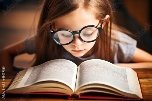 Girl Reading Book with Glasses