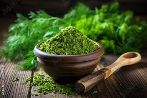 Green Powder in a Bowl with Wooden Spoon