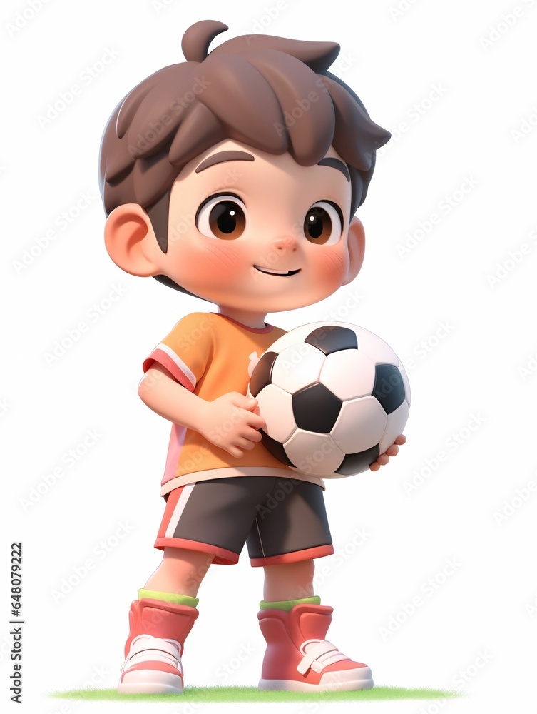 3d render of a cute little boy holding a soccer ball.