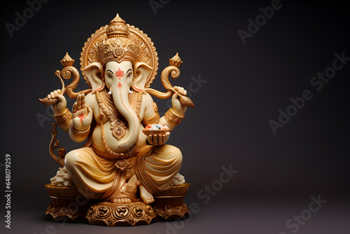 Beautiful sculpture art of Hindu god Ganesha on isolated dark background  God of fortune wallpaper  Generative AI