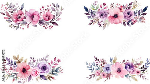 Set of beautiful watercolor flower bouquets, flower arrangements or summer flower bouquets. Can be used for invitations, greetings, and wedding cards