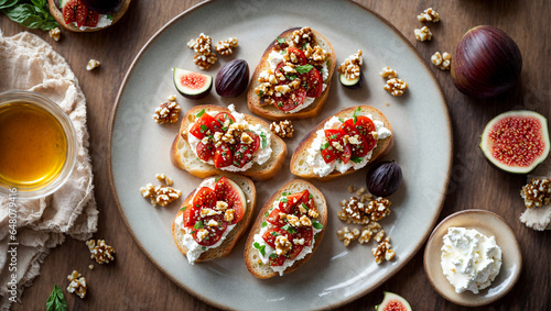 Appetizing bruschetta with pieces of figs, soft cheese, walnuts, honey in the kitchen