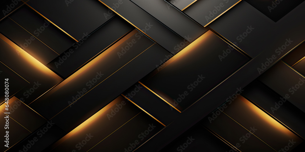 Luxury abstract black metal background with golden light lines. Dark 3d geometric texture illustration. Bright grid pattern. - obrazy, fototapety, plakaty 