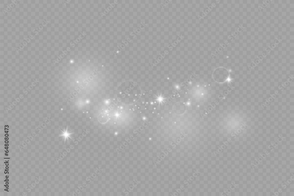 Dust sparks and stars shine with a special light. Christmas light effect. Glittering particles of magic dust.Vector sparkles on a transparent background.