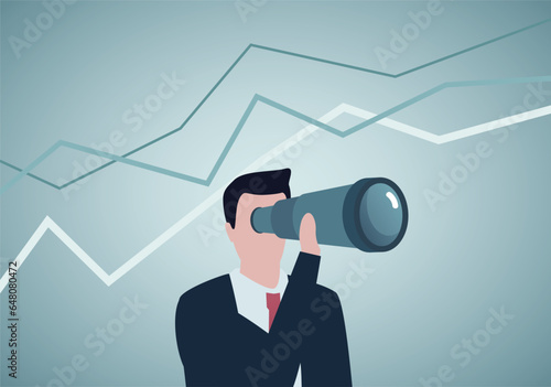 Market forecast, Business vision. Businessman with telescope looking to future success. Leadership and strategy plan vector concept.