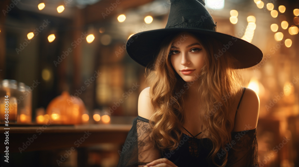 Young woman dressed in a witch costume, on Halloween. Young woman dressed in a witch costume, on Halloween.