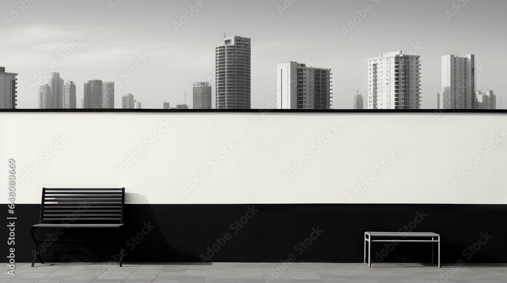 Obraz premium a black and white photo of a bench and a city. generative ai