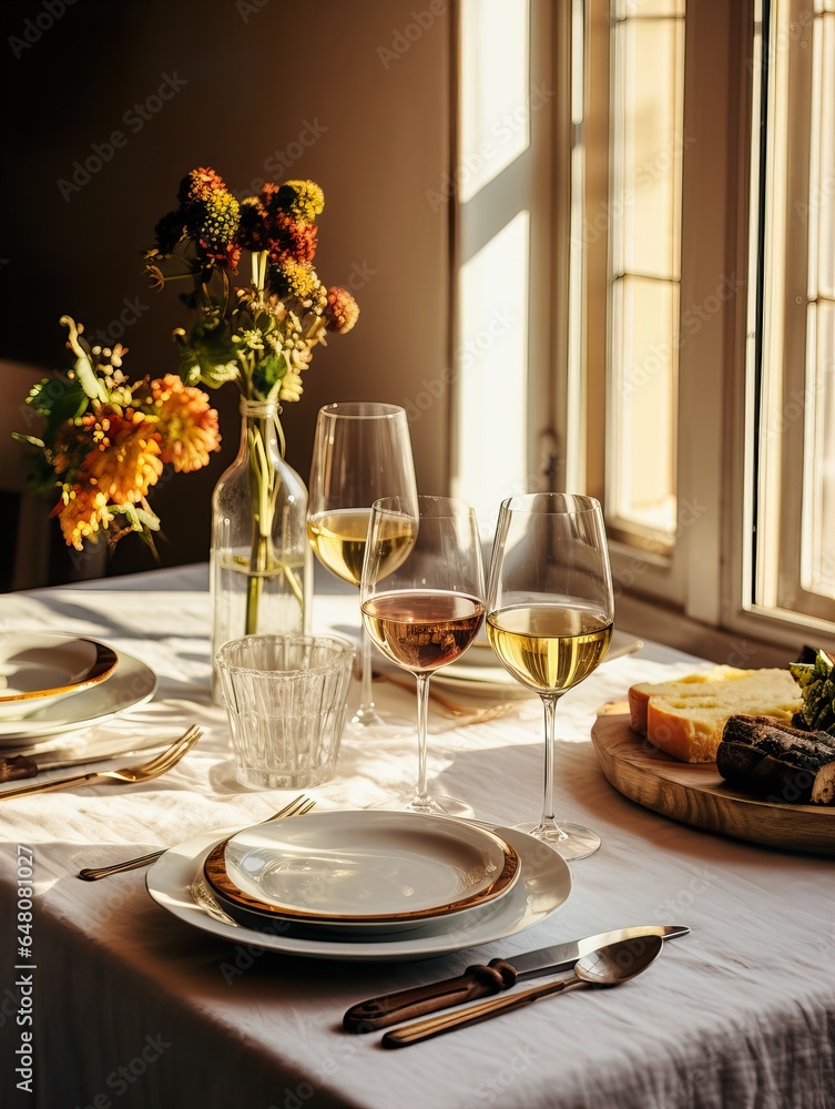 Autumn table decor, brown and beige fall home interior decoration, afternoon light
