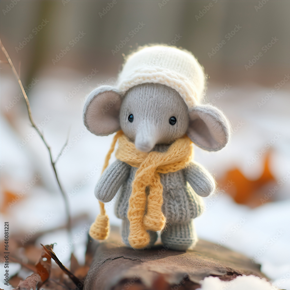 Small, fluffy, cute toy elephant in winter clothes