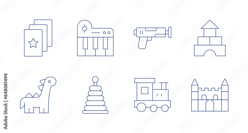 Toys icons. editable stroke. Containing brick, cards, castle, dinosaur, piano, pyramid, toy gun, train.