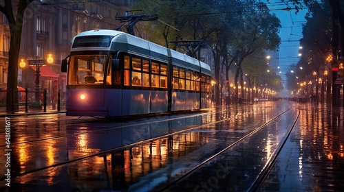  a trolley car on a city street in the rain at night. generative ai