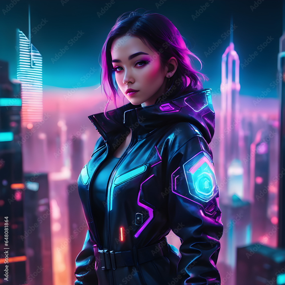 A girl in a futuristic neon jacket stands on top of a skyscraper on a ...