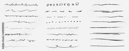 A set of wavy horizontal artistic brushes.Doodles, ink brushes. Set of vector grunge brushes. Collection of marker strokes.
