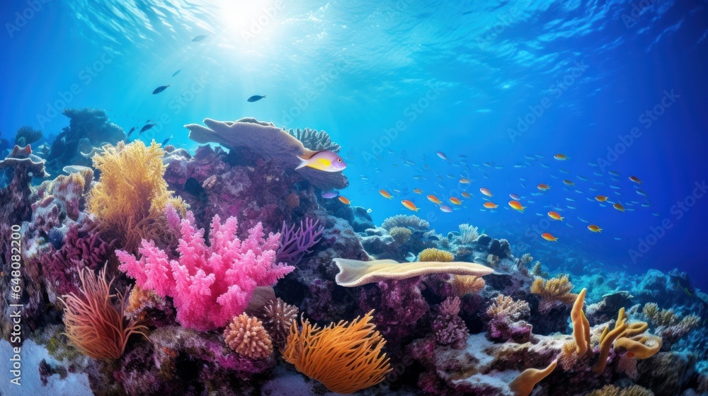 Submerged coral reef scene 16to9 foundation within the profound blue sea with colorful angle and marine life