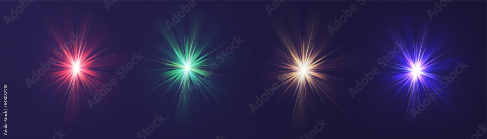 Flash light effects, Flare bright Camera light or sunlight lens, Stars in space, blue ray background  shiny highlights, vector shimmering elements glow sparkl