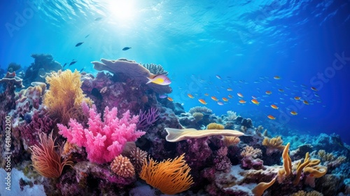 Submerged coral reef scene 16to9 foundation within the profound blue sea with colorful angle and marine life photo