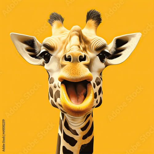 Portrait of a smiling, laughing giraffe on a yellow background © Olya Fedorova