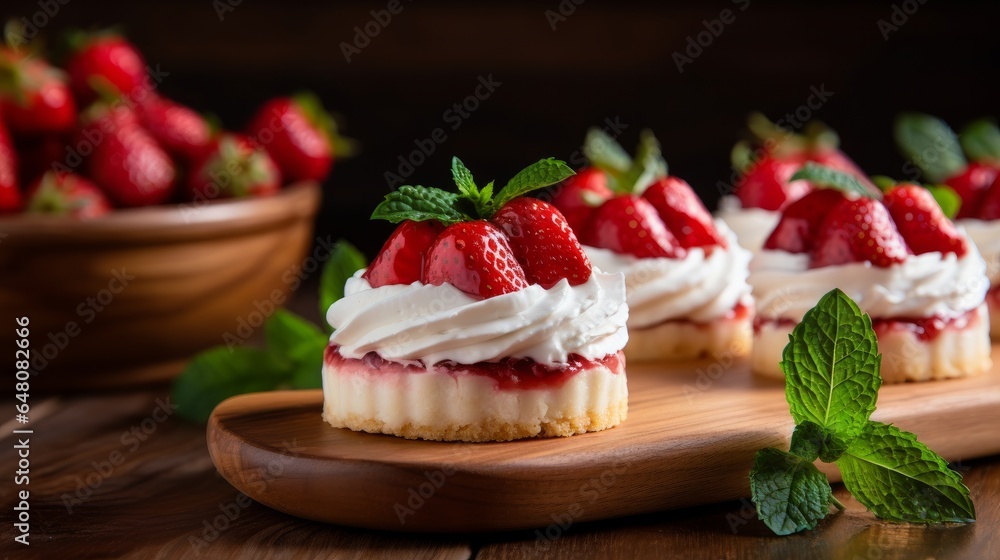 Strawberry shortcake pies on provincial wooden table idealize party person new natural product dessert Strawberry shortcake pies on provincial wooden table idealize party person new natural product dessert