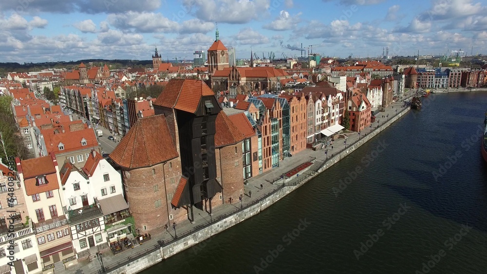 Fototapeta premium Aerial of Gdansk Old Town Houses Churches and Motlawa River