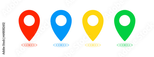 Map pin icon. Geo location signs. Road tag symbol. Place point symbols. Position pointer icons. Destination direction. Vector sign.