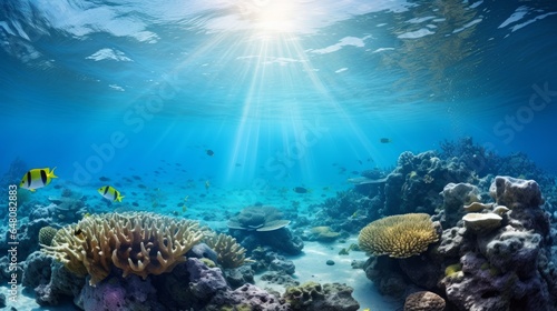 Submerged coral reef scene super wide standard foundation within the profound blue sea © Elchin Abilov