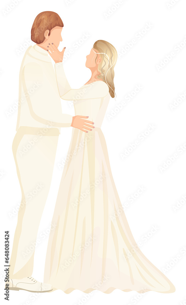 Married couple icon. Hand drawn style groom and bride illustration. Man and woman in white dress and suit.