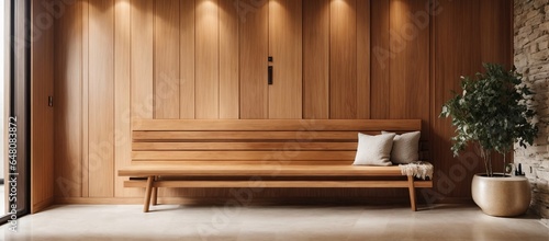 Wooden bench in the hallway with wood paneling and walls. Modern front entrance hall with minimalist décor and large window