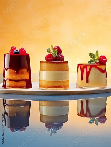 Gourmet desserts on solid color studio background, various colorful exquisite designer food, commercial image photo