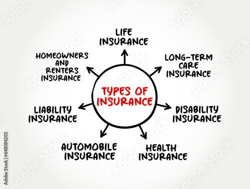 Types of insurance (contract in which an insurer indemnifies another against losses) mind map text concept background