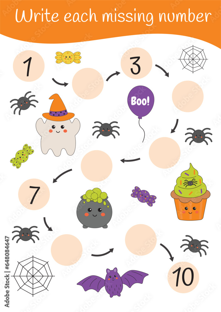 Math printable educational worksheet. Halloween mathematic addition, subtraction, counting. Educational games for preschoolers and kindergarten. Learning mathematic pages, teacher resources.
