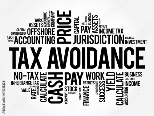 Tax Avoidance is the use of legal methods of reducing taxable income or tax owed, word cloud concept background