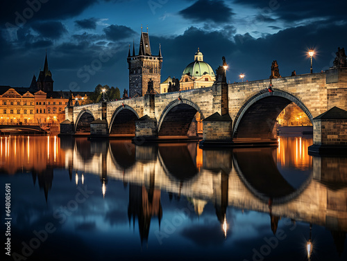 Print op canvas medieval stone arch bridge that crosses the river at night