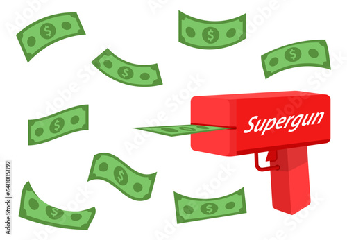 A red money gun that shoots bills. Shooting money. Entertainment, promotions, events. Vector illustration
