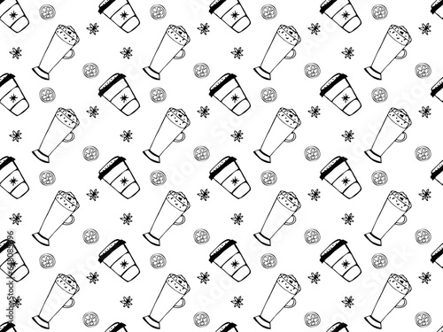 Seamless black and white doodle pattern with cocktails, holiday drinks, coffee photo