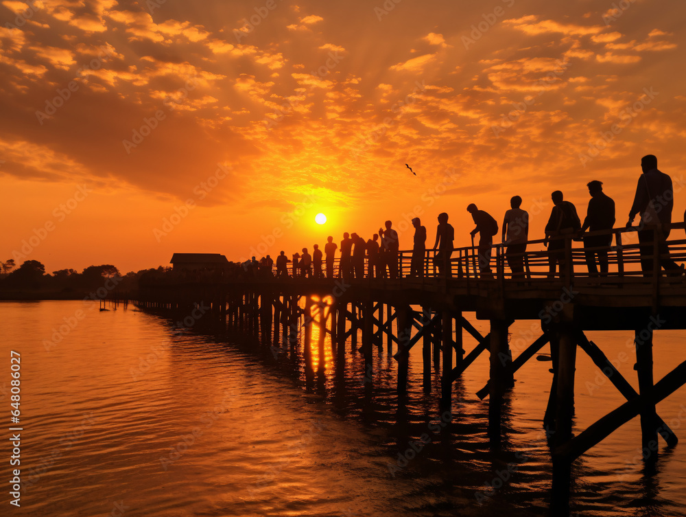 Naklejka premium sunset over the bridge at the sea