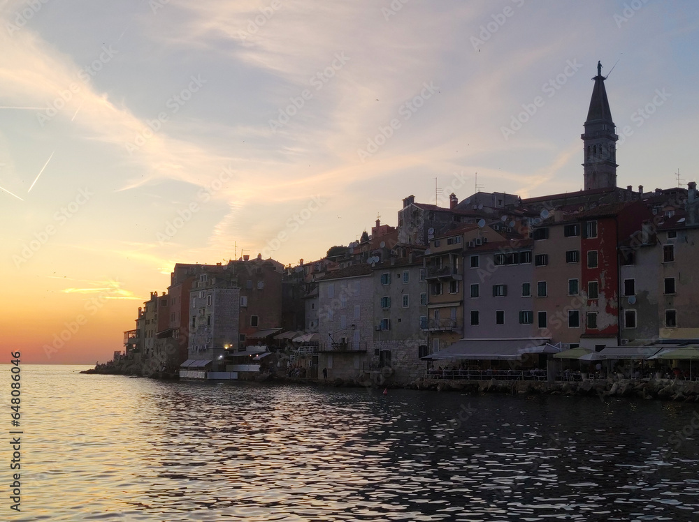 colorful sunset in Rovinj old town