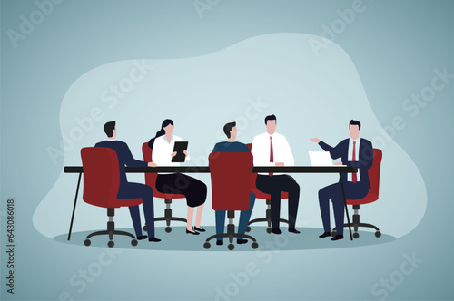 Business leader holding corporate meeting with team in boardroom. Politician talking to staff at round conference table. Vector illustration for authority, chairman, negotiations, discussion concept
