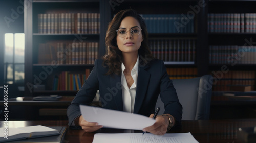 Focused Mid-Aged Hispanic Businesswoman, a Lawyer & Financial Law Expert, in a Suit, Holds Corporate Documents, Managing Risks with Professional Doubt at Office Desk. © Ai Studio