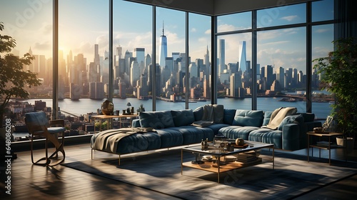 A modern, luxurious apartment interior showcasing a living room with a view of the city skyline