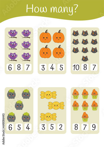 Fototapeta Naklejka Na Ścianę i Meble -  Halloween printable educational math worksheet. Addition, counting, subtraction for kids. Educational games for preschoolers and kindergarten. Learning mathematic pages. Math printable.