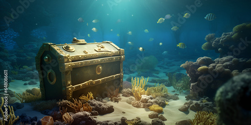 A treasure chest in the water, A treasure chest is surrounded by seaweed and bubbles, A treasure chest is full of gold and has a fish in it, Treasure chest in the sea Underwater world Generative AI