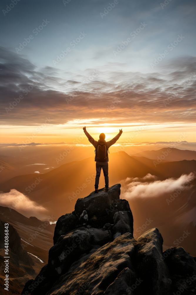 person standing on top of mountain peak celebrating holding up arms looking at sunrise or sunset, success